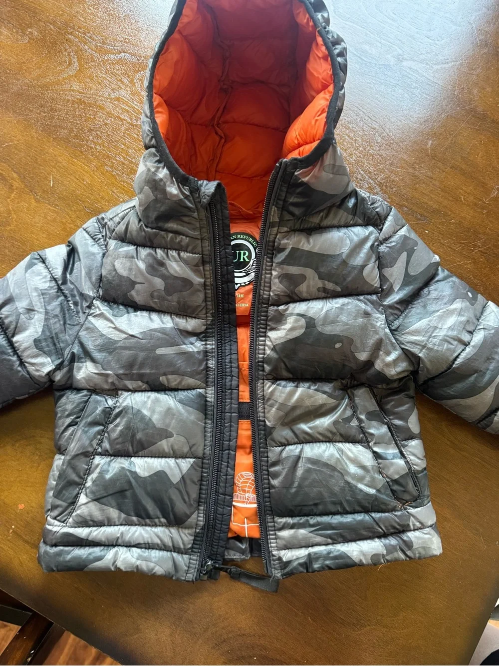 Urban Republic Boys Gray Camo Puffer Jacket with Orange Lining